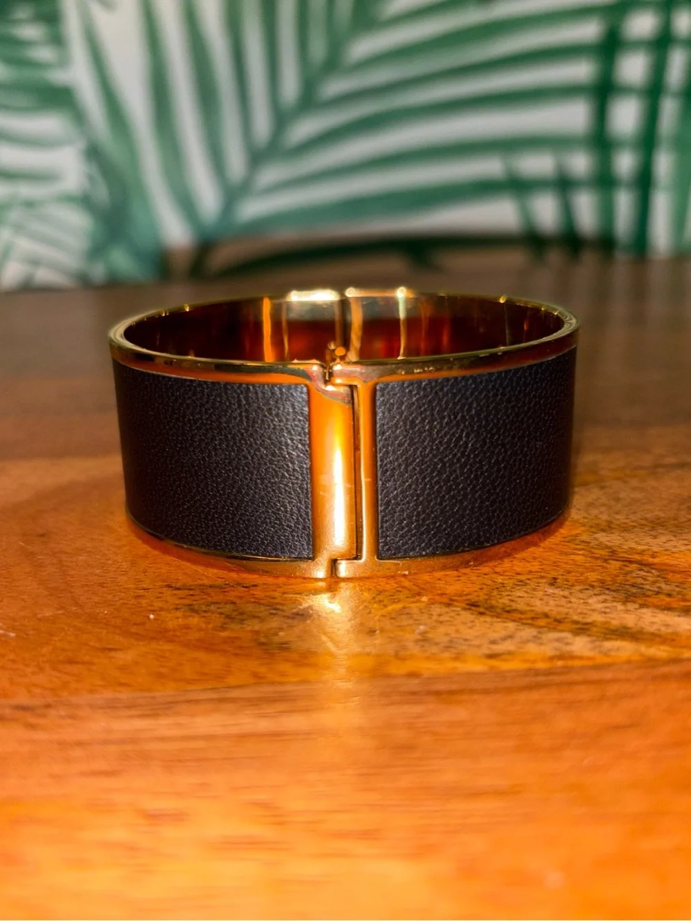 Tory Burch Black Leather Gold Tone Wide Hinge Cuff Bracelet